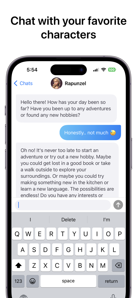 Une interface d'application mobile montrant une interaction de chat avec un personnage IA de Cendrillon