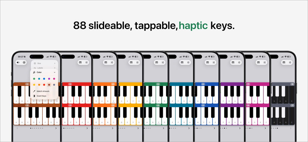 I Love a Piano - A row of iPhones displaying various color themes for the I Love a Piano app keyboard.