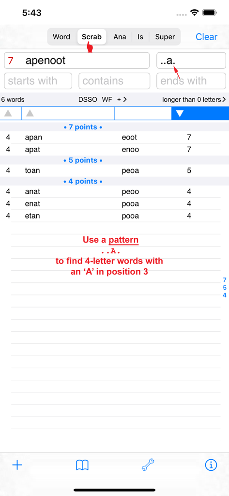 Svenska  Words Finder PRO - Svenska Words Finder PRO app interface showing a pattern search to find four letter words with A in the third position for word games like Scrabble.