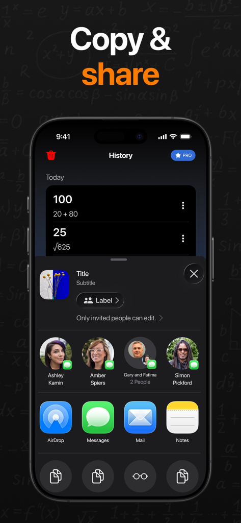 AI Calculator & Math Solver - iPhone screen showing the AI Calculator app with calculation history and the share menu to send results via messages or email