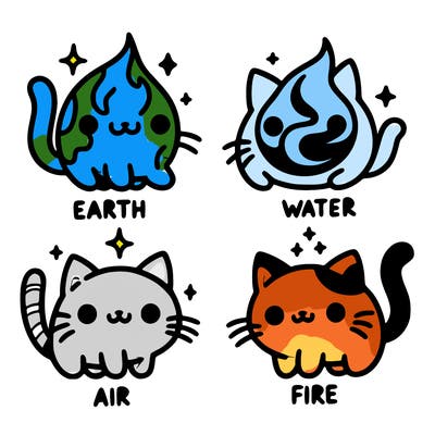 4 cats that represent the different elements, earth, water, air, and fire