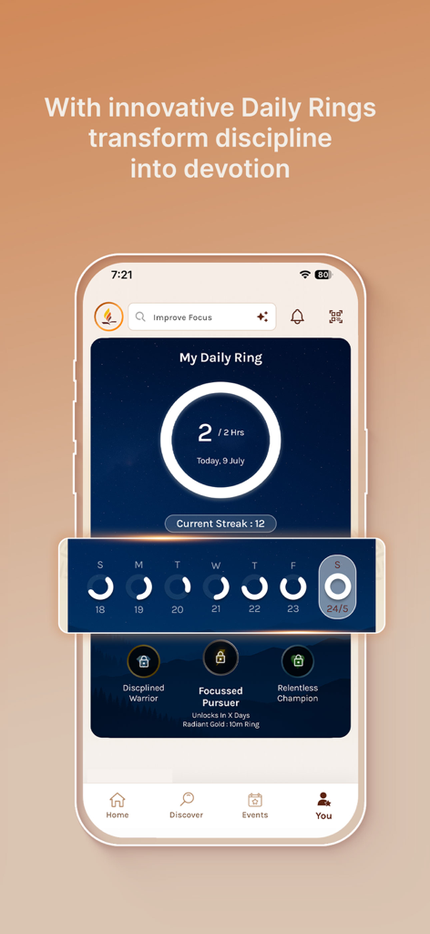 Self Connect by SRMD - Interfaz de la aplicación Self Connect que muestra anillos de progreso de hábitos diarios y rachas