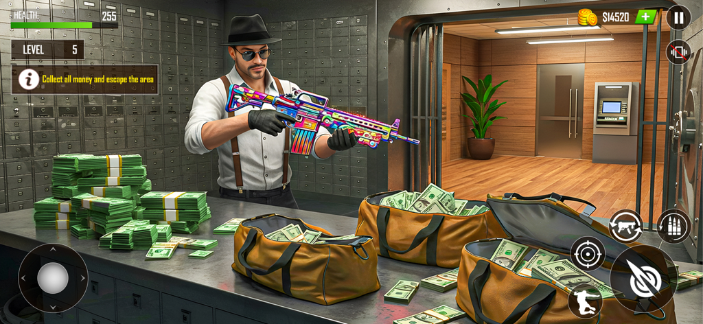 Jail Break Prison Escape Game - A character in a fedora and suspenders holding a colorful rifle inside a bank vault filled with stacks of cash and duffle bags during a heist mission.