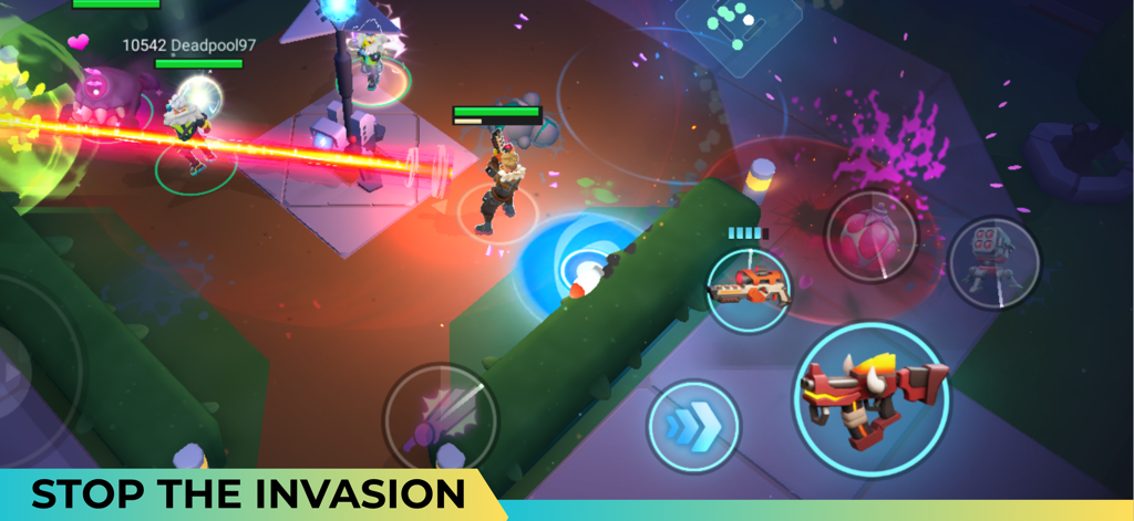 Riftbusters: Action RPG - Top-down gameplay of Riftbusters Action RPG showing co-op players fighting alien invaders in a futuristic city