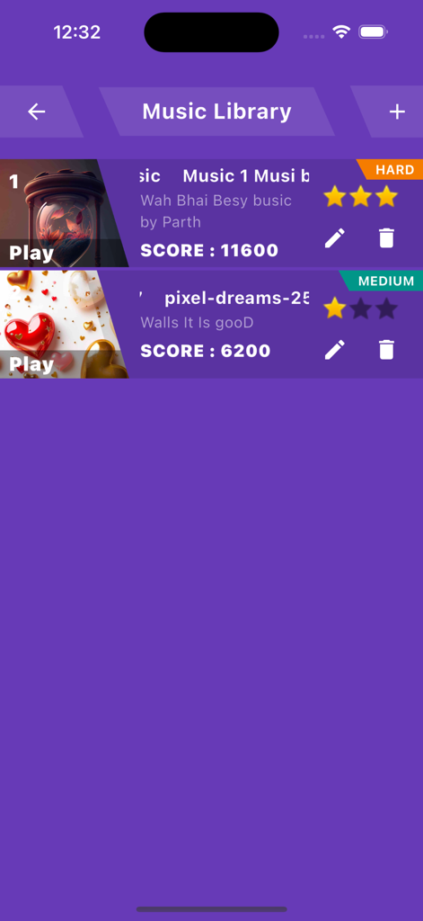 Piano Magic Tiles : Music Game - Interface of the Piano Magic Tiles music library showing a list of songs with high scores and difficulty levels