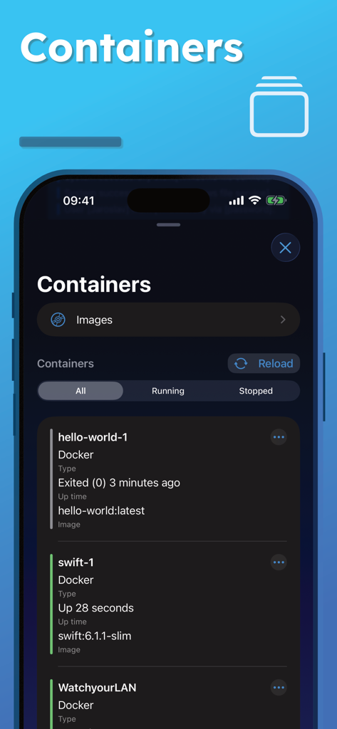 Interface of the NAS Pro app displaying Docker container status and management options on a smartphone