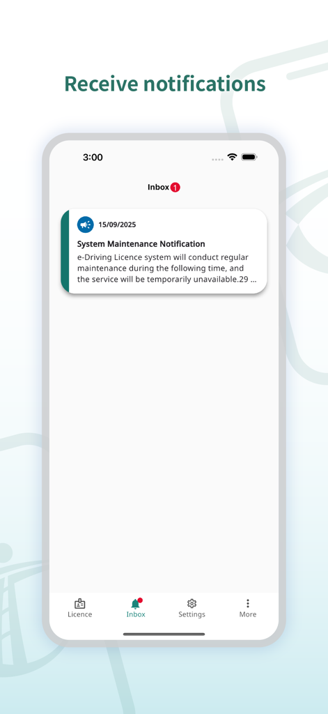 Electronic Driving Licence - Electronic Driving Licence app inbox screen displaying a system maintenance notification message.
