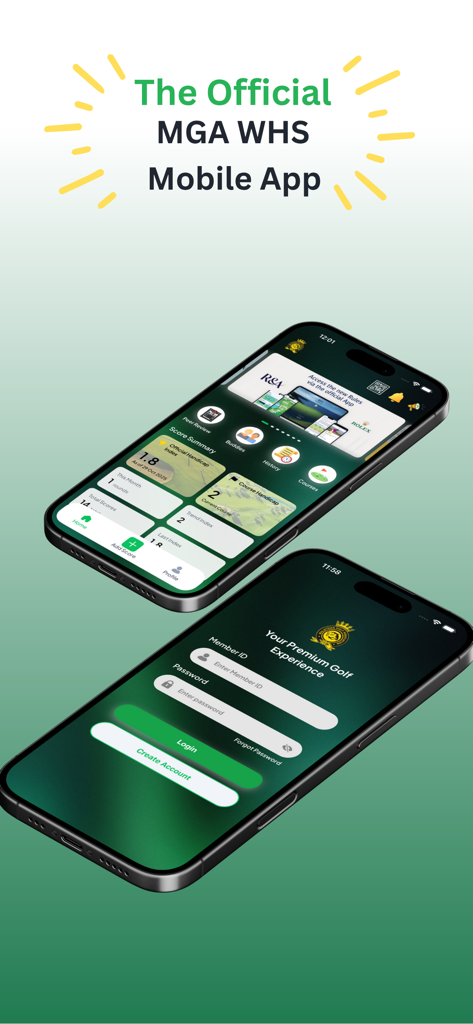 The official MGA WHS mobile app interface showing the score dashboard and login screen