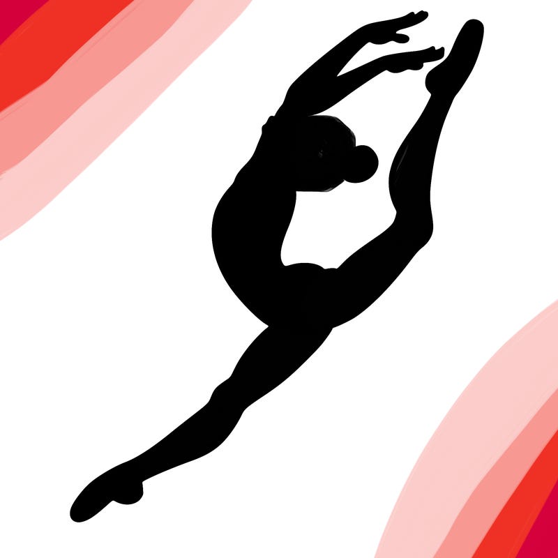 gymnast doing a leap in a leotard with a bent back leg
