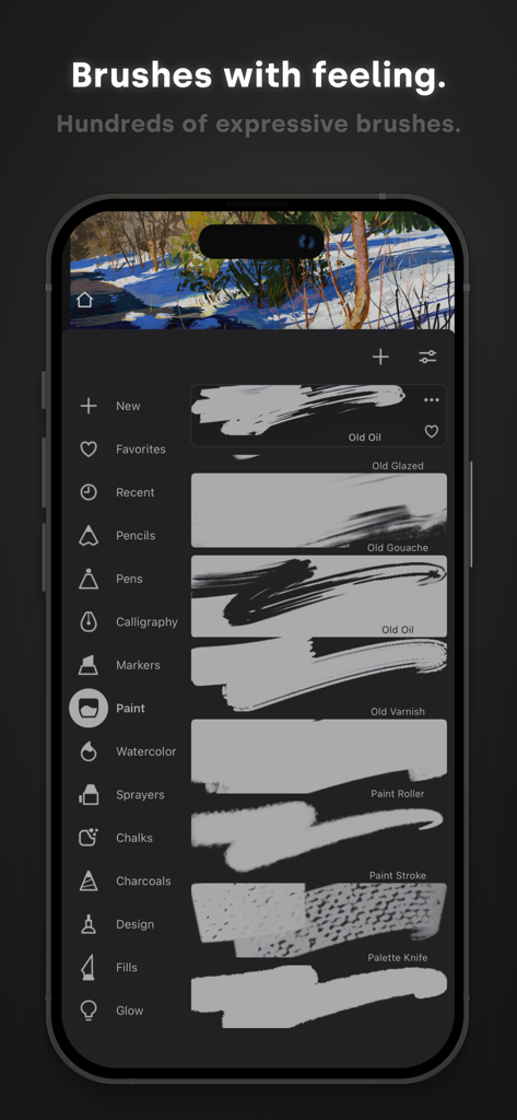 Infinite Painter - Interface de l'application Infinite Painter montrant une sélection variée de pinceaux de peinture numérique sur un écran de smartphone