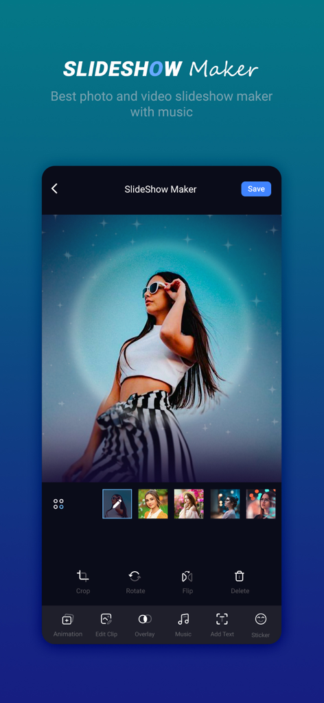 Slideshow Maker app interface displaying photo editing tools and a music addition feature