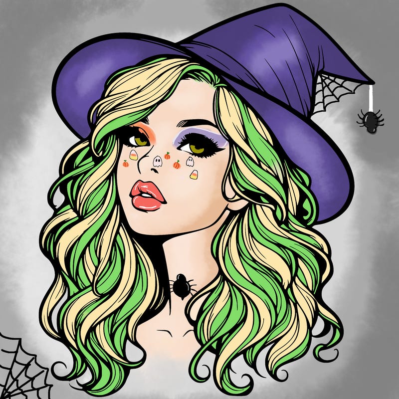 realistic witch girl with wavy hair and lips