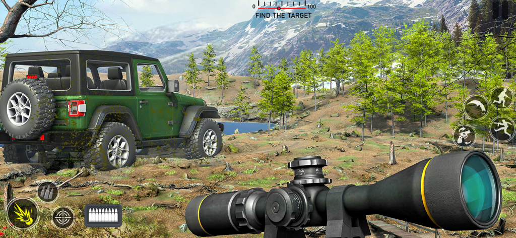 Deer Hunter Hunting Games - Un Jeep 4x4 verde y una mira de rifle de francotirador en una simulación de caza en un bosque de montaña.