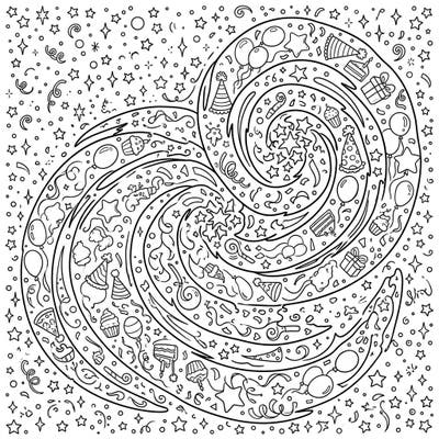 Blast off into a birthday adventure with this extraordinary coloring page featuring spiral galaxies brimming with festive party elements. Discover a universe of fun where celestial wonders meet joyful celebrations, perfect for all ages.
