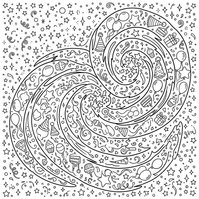 Blast off into a birthday adventure with this extraordinary coloring page featuring spiral galaxies brimming with festive party elements. Discover a universe of fun where celestial wonders meet joyful celebrations, perfect for all ages.