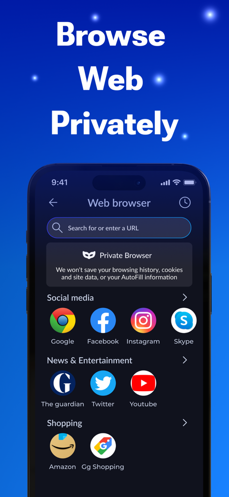 Interfaz del navegador web privado de AppLock mostrando iconos de acceso directo para redes sociales, noticias y compras
