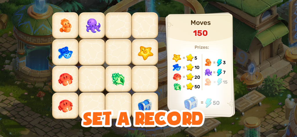 Atlantis Odyssey - A colorful puzzle mini game in Atlantis Odyssey featuring sea creature tiles and a moves counter