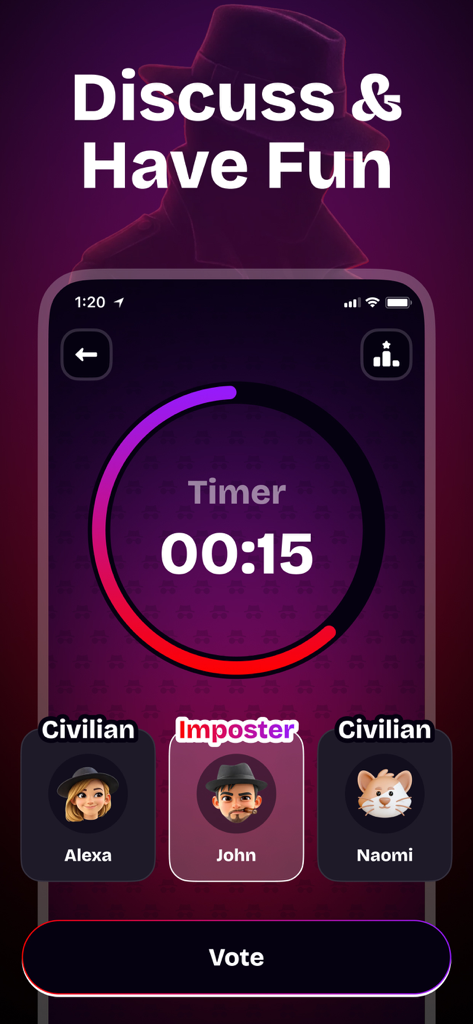 Mr White - Imposter Game: MASK - La interfaz de discusión y votación de la aplicación Mr White con un temporizador de cuenta regresiva y roles de jugador identificados que incluyen civil e impostor.
