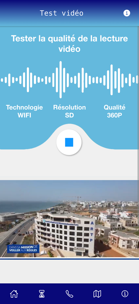 Saytu Réseaux - Interface de test de qualité vidéo sur l'application Saytu Réseaux affichant le type de connexion et la résolution