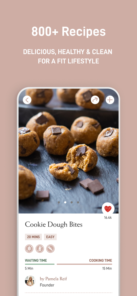 Pam Fitness & Food - Pam Fitness and Food app screen showing a healthy cookie dough bites recipe by Pamela Reif