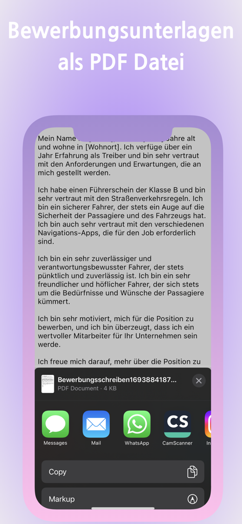 Bewerbungsschreiben KI - A generated professional cover letter displayed on a smartphone with the iOS sharing menu to export as a PDF