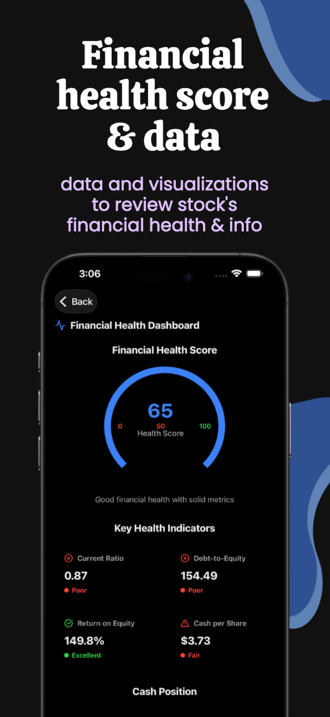 Stock Market - AI Insights - Stock Market AI Insights financial health dashboard showing score and metrics