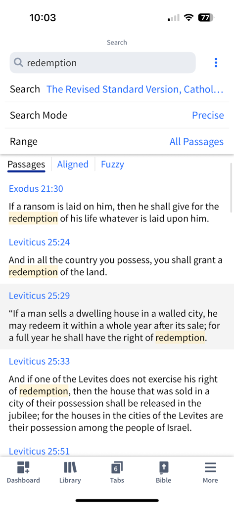 Verbum Catholic Bible Study - Search results for the word redemption in the Verbum Catholic Bible Study app showing biblical passages from Exodus and Leviticus.