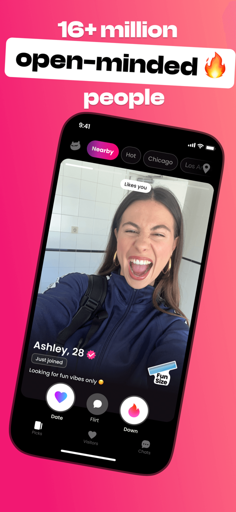 DOWN: The Casual Dating App - Interface of the DOWN dating app showing a user profile with options to Date Flirt or Get Down
