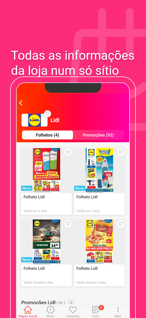 Folhetos Promocionais Portugal - Interface de l'application mobile montrant divers prospectus numériques et promotions pour Lidl