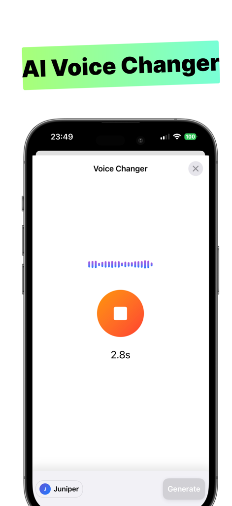 Voice Labs: AI Text To Speech - Ein Screenshot der Voice Labs App, der die KI-Voice-Changer-Oberfläche mit einer laufenden Aufnahme, einer Wellenformanzeige und einem Timer von 2,8 Sekunden zeigt.