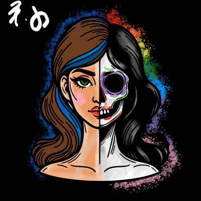 bust of a woman, half face and hair, half skull