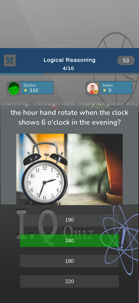 A logical reasoning multiple choice question about clock rotation in the Logic IQ Quiz mobile app