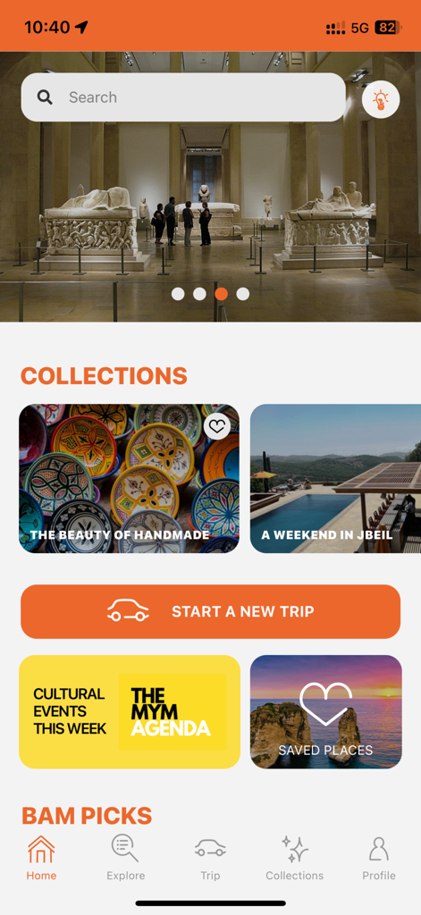 Bam Leb - Pantalla de inicio de la aplicación Bam Leb con colecciones de viajes libaneses y una herramienta de planificación de viajes