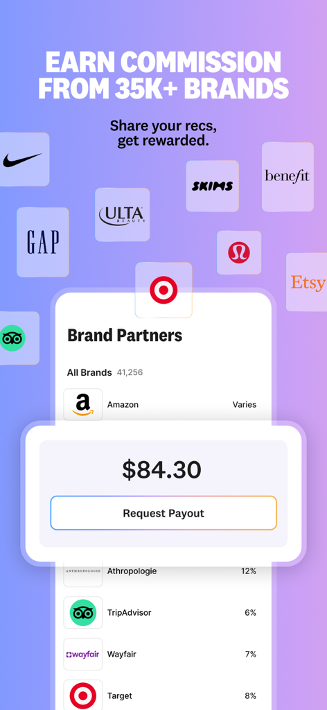 Benable app screen showing various brand partner logos and a commission payout dashboard with a request payout button