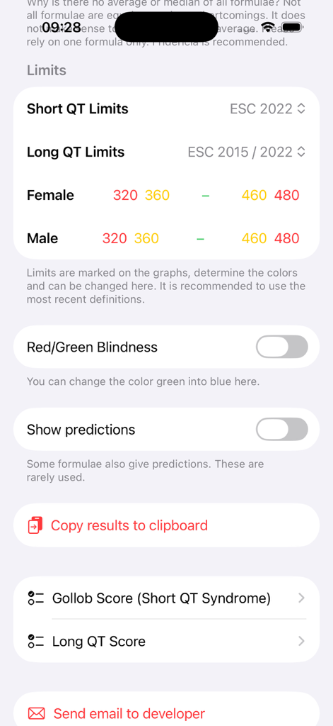 Settings screen of the QTc-Calculator app showing QT interval limits, accessibility options, and clinical scores