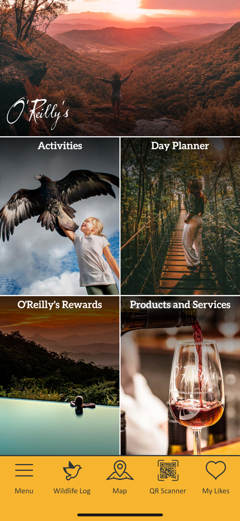 Home screen of the O'Reilly's app featuring sections for activities, planning, rewards, and dining.