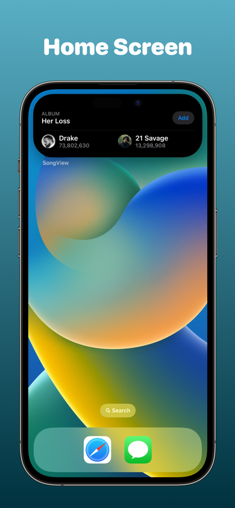 iPhone home screen showing the SongView music widget with album and artist details for Her Loss by Drake and 21 Savage.
