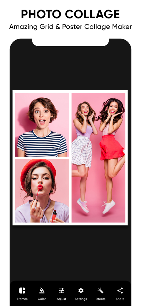 Éditeur de collage photo montrant une grille de photos et un menu de retouche mobile