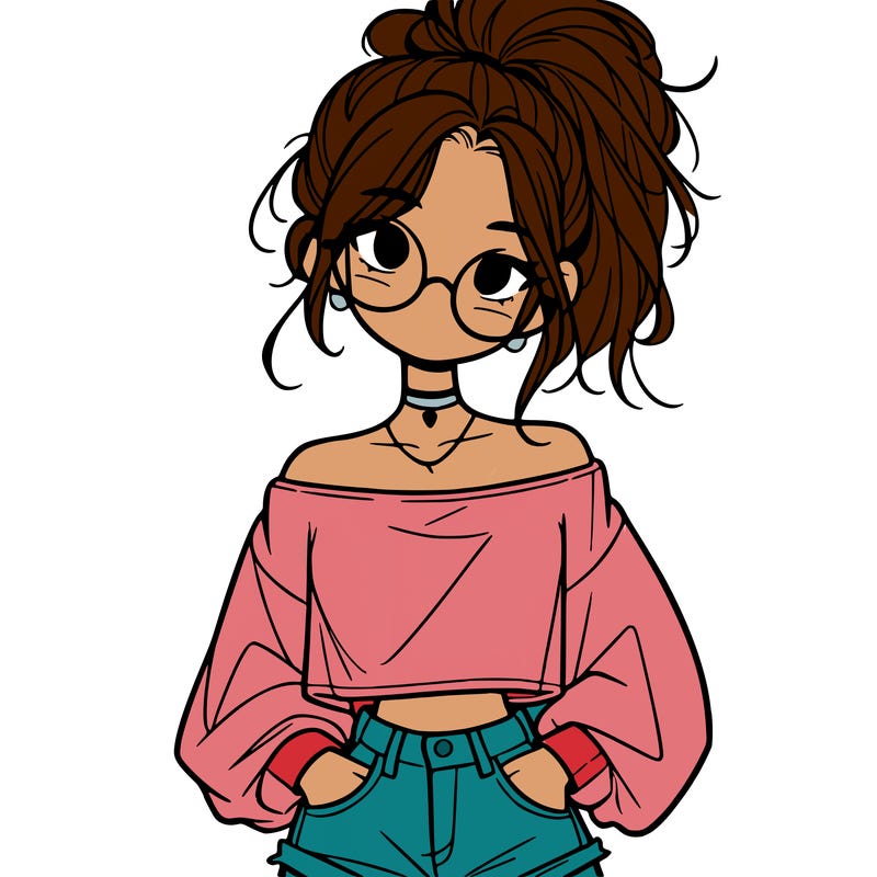 girl with a messy ponytail glasses a baggy crop top and jean shorts