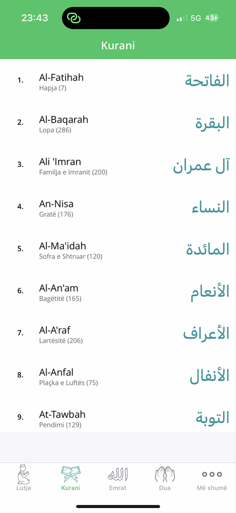 Kurani ne Shqip - List of Quran chapters with Albanian translations in the Kurani ne Shqip app interface.