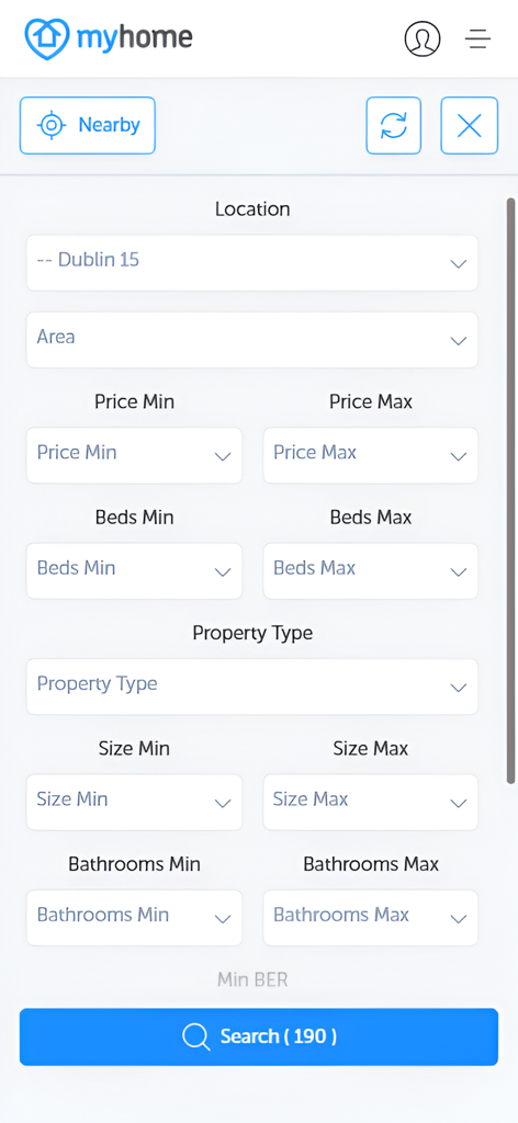 Search filters screen for Irish properties on the MyHome app