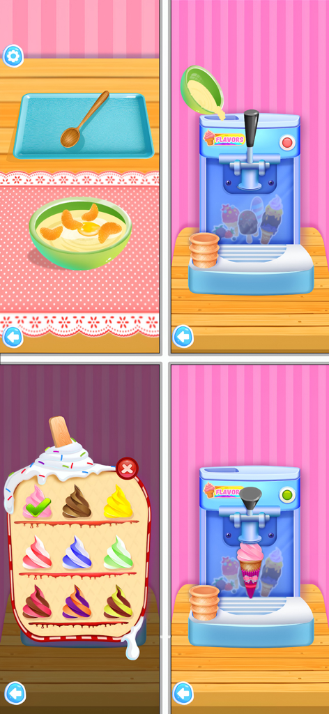 Ice Cream Maker | Cooking Game - Jugabilidad que muestra los pasos para hacer helado suave, incluyendo la preparación de ingredientes y el uso de una máquina dispensadora