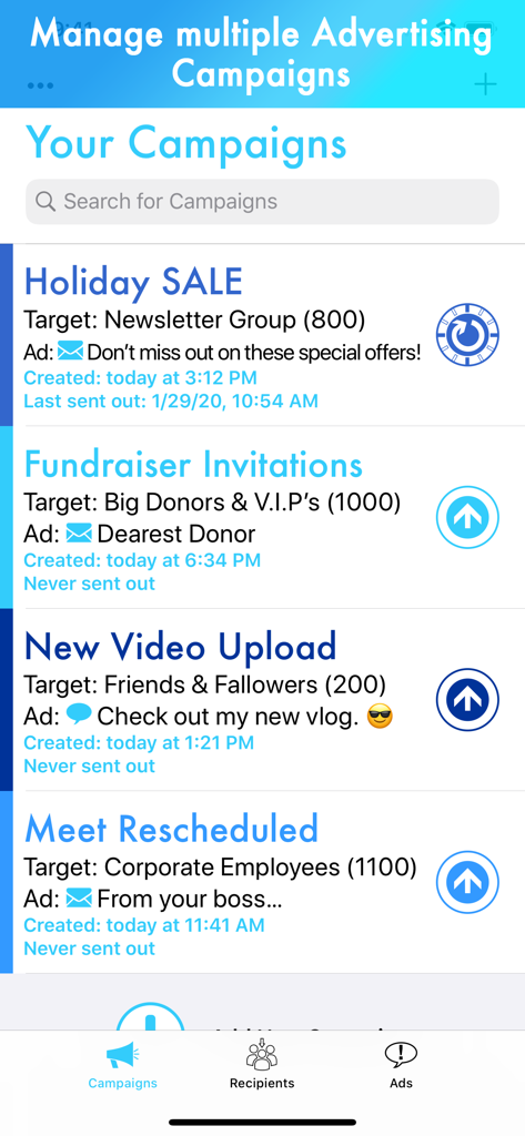 Dashboard of the Advertisement app showing a list of active SMS and email marketing campaigns for small businesses