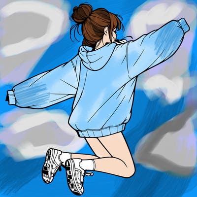 realistic girl jumping with a bun and oversized sweatshirt