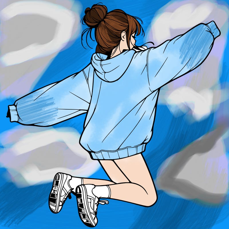 realistic girl jumping with a bun and oversized sweatshirt