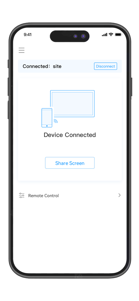 IdeaShare - IdeaShare mobile app interface showing a device successfully connected to a screen with a button to start sharing.