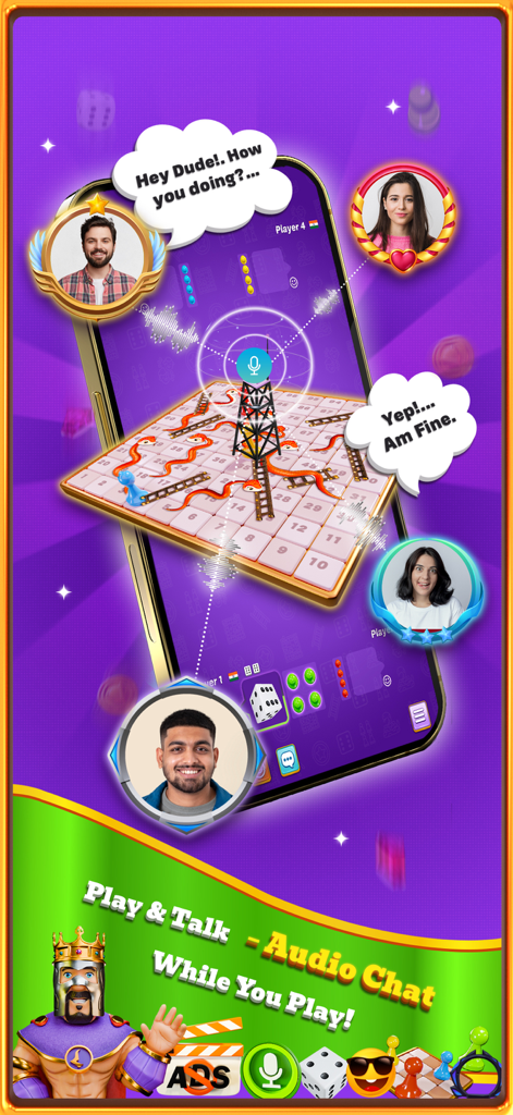 Social board game interface showing real-time audio chat with player avatars and speech bubbles.