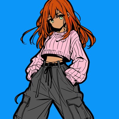 anime teen girl with baggy pants and crop top with sweater