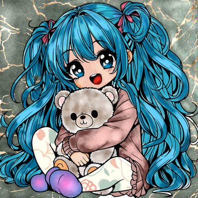 manga girl, long curly hair, happy, cuddling a teddy bear