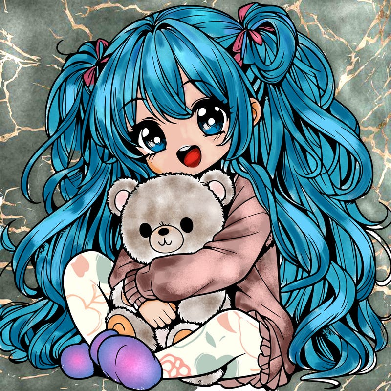 manga girl, long curly hair, happy, cuddling a teddy bear